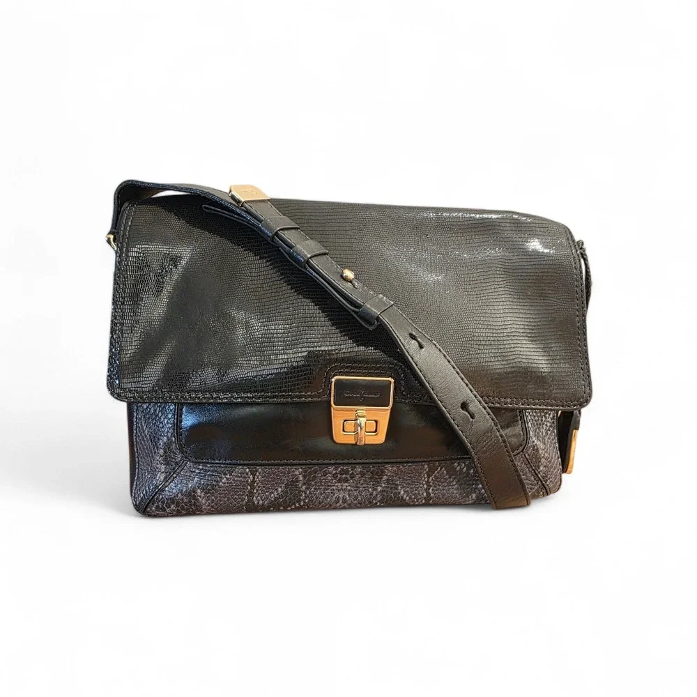 Cole Haan Black Leather Snakeskin Embossed Large Shoulder Bag Gold Turn Lock